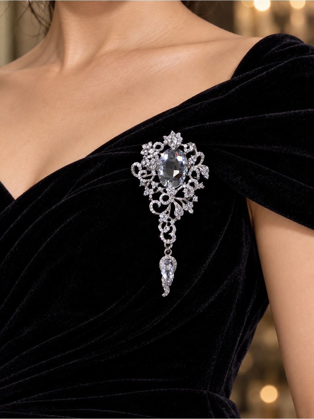 Elegant Crystal Drop Silver-Tone Brooch
